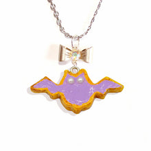 Load image into Gallery viewer, Purple Pastel Bat Cookie Pendant Necklace Gold or Silver Cute Autumn Charm Jewelry Handmade Fatally Feminine Designs
