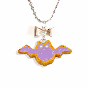 Purple Pastel Bat Cookie Pendant Necklace Gold or Silver Cute Autumn Charm Jewelry Handmade Fatally Feminine Designs