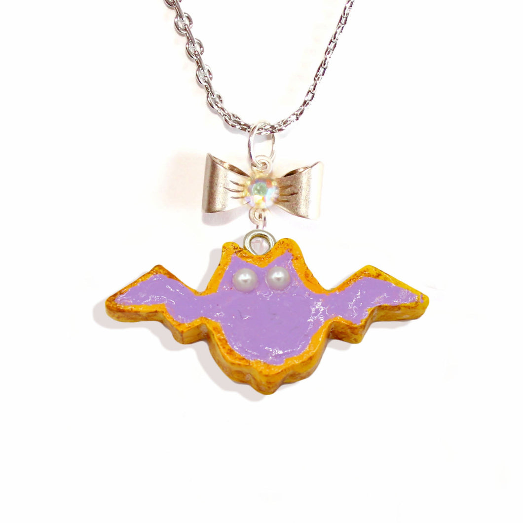 Purple Pastel Bat Cookie Pendant Necklace Gold or Silver Cute Autumn Charm Jewelry Handmade Fatally Feminine Designs