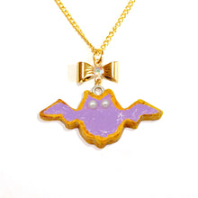 Load image into Gallery viewer, Purple Pastel Bat Cookie Pendant Necklace Gold Cute Autumn Charm Jewelry Handmade
