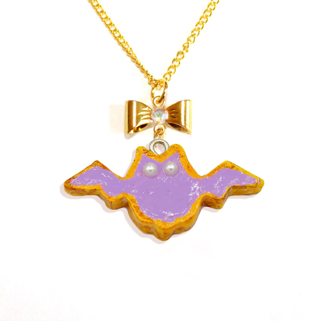Purple Pastel Bat Cookie Pendant Necklace Gold Cute Autumn Charm Jewelry Handmade