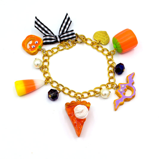 Pumpkin Pie Candy Corn Fall Charm Bracelet - Gold or Silver Cute - Autumn Charm Jewelry  - Handmade Fatally Feminine Designs