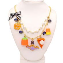 Load image into Gallery viewer, Pumpkin Pie Candy Corn Fall Statement Necklace Gold Cute Autumn Charm Jewelry Handmade
