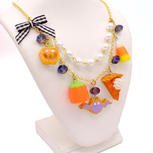 Load image into Gallery viewer, Pumpkin Pie Candy Corn Fall Statement Necklace Gold Cute Autumn Charm Jewelry Handmade
