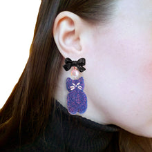 Load image into Gallery viewer, Cute Autumn Statement Earrings Black Cat Faux Marshmallow Candy Fatally Feminine Designs

