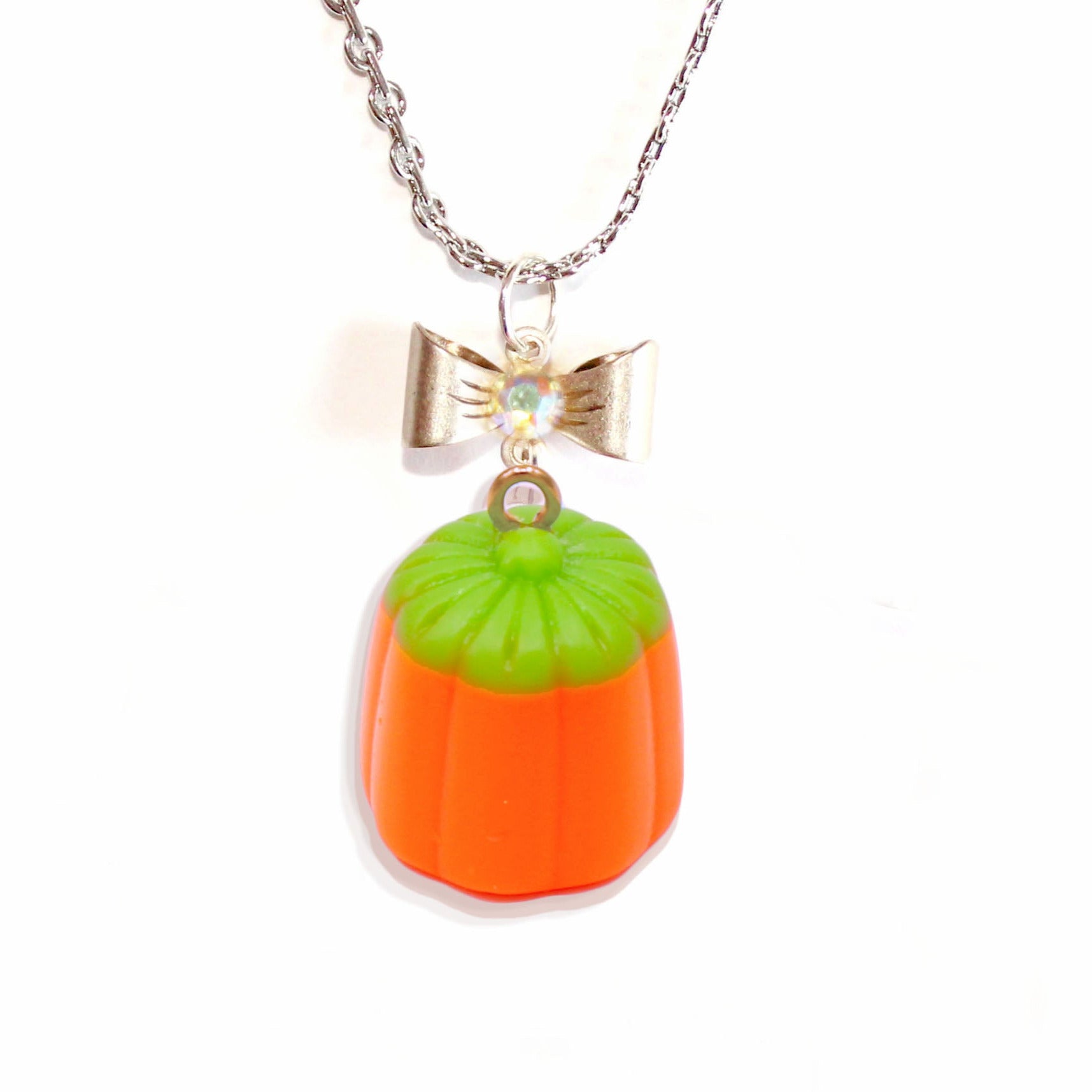 Orange Pumpkin Candy Corn Charm Necklace Silver Handmade Autumn Statement Jewelry for Woman