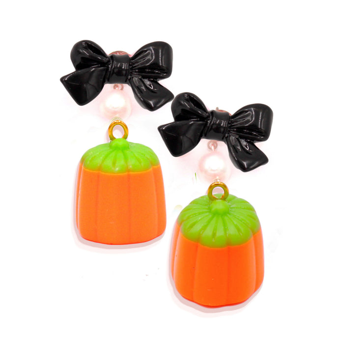 Autumn Statement Earrings Orange Pumpkin Candy Corn Bow Hypoallergenic Handmade for woman