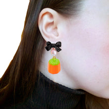 Load image into Gallery viewer, Autumn Statement Earrings Orange Pumpkin Candy Corn Bow Hypoallergenic Fatally Feminine Designs
