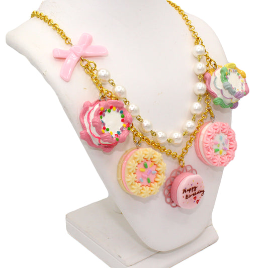 Miniature Birthday Cake Statement Charm Necklace - Gold or Silver Finish - Handmade in the USA Pastel Rainbow Kawaii Jewelry