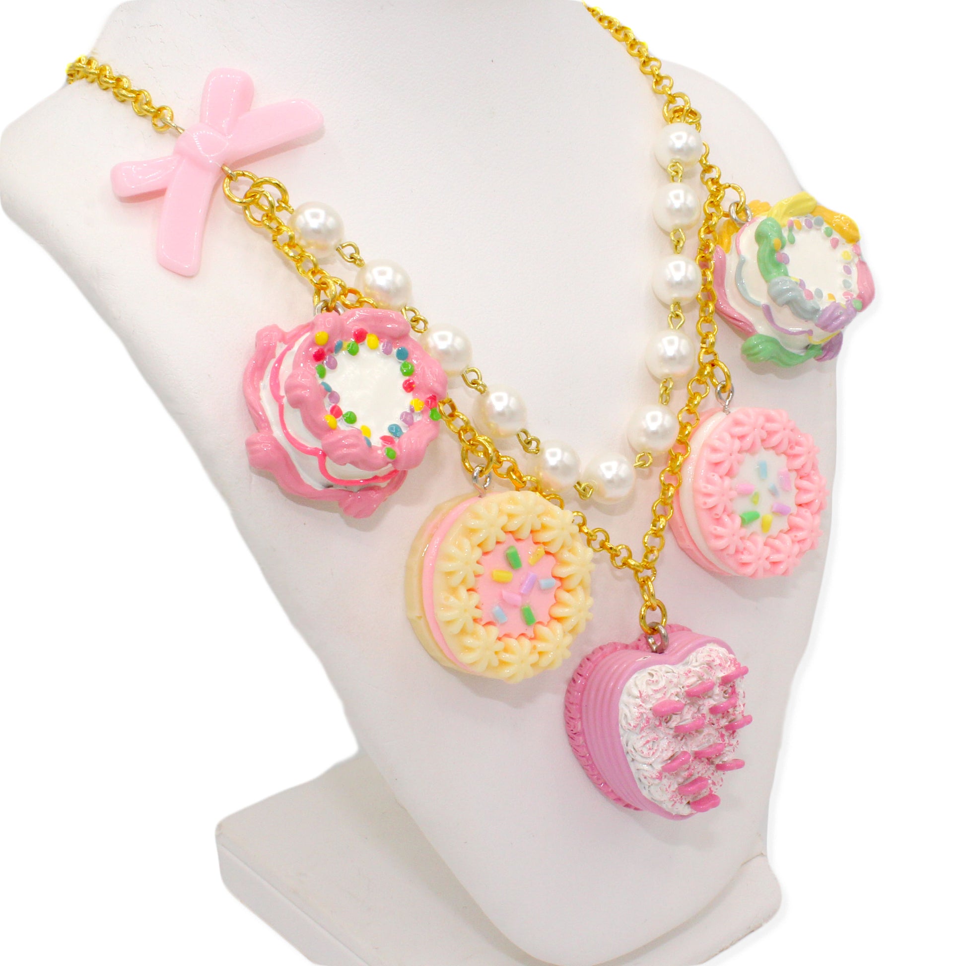 Miniature Cake Statement Charm Necklace Pastel Rainbow- Gold or Silver Finish - Handmade in the USA Kawaii Jewelry
