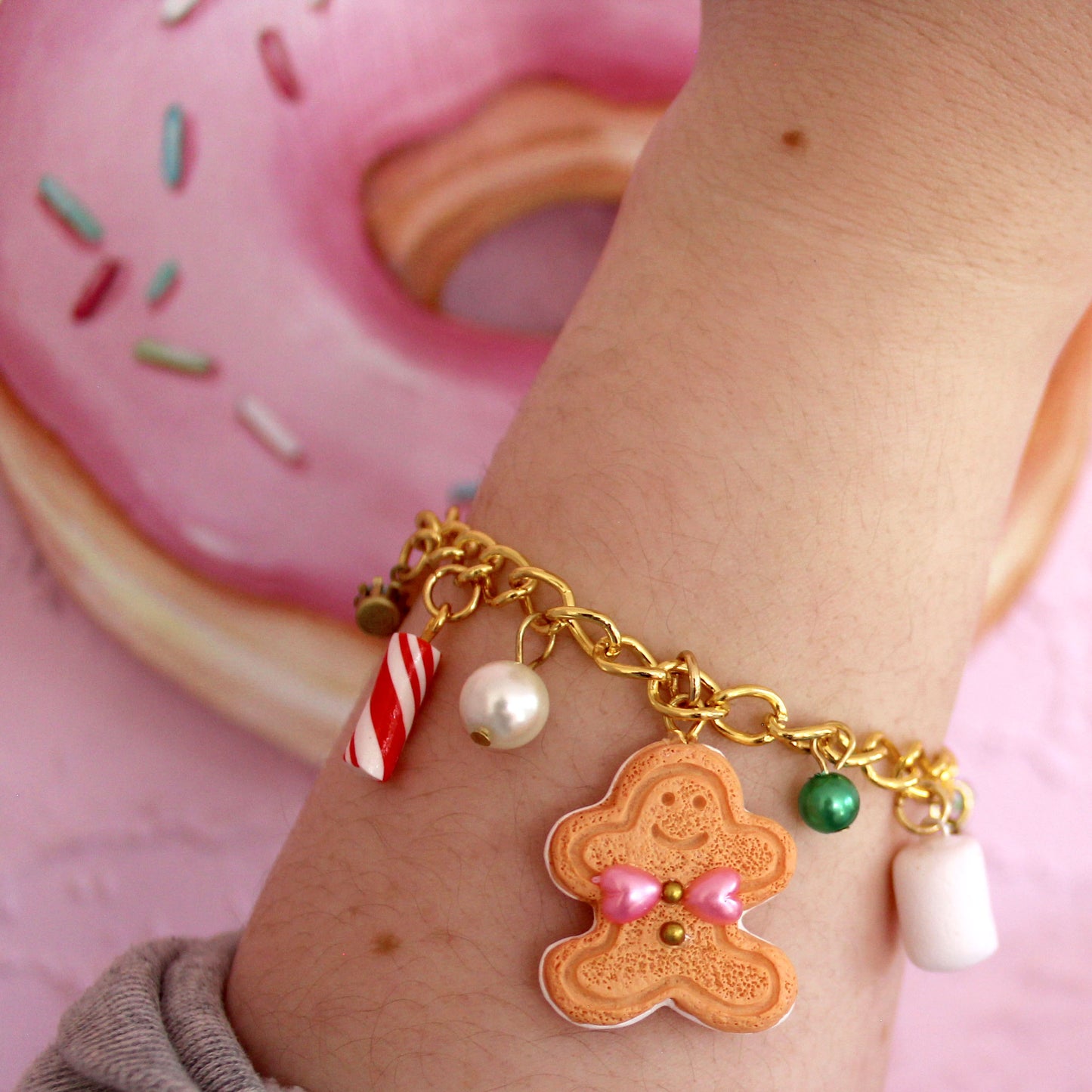 Kawaii Pink Christmas Chunky Charm Bracelet Candy Retro Cute Charm Jewelry Gift for Woman