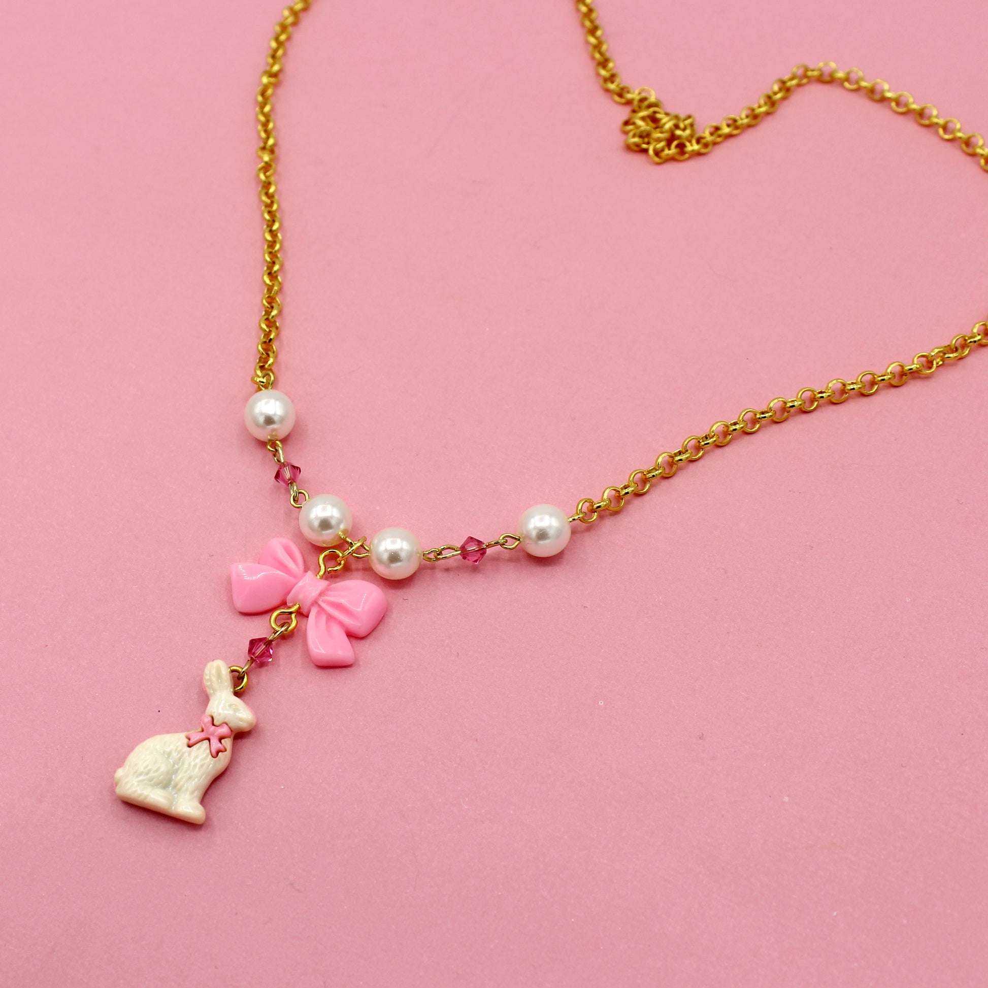 Chocolate Bunny Easter Charm Necklace, Pink Bow, Kawaii J-fashion Jewelry Handmade by Fatally Feminine