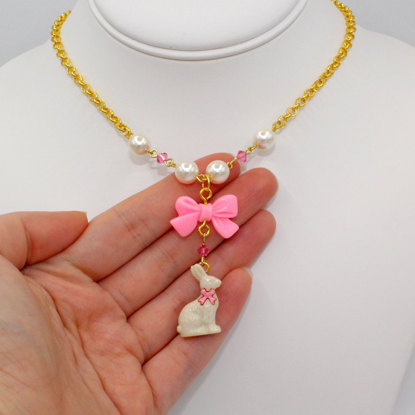 Chocolate Bunny Easter Charm Necklace, Pink Bow, Handmade by Fatally Feminine