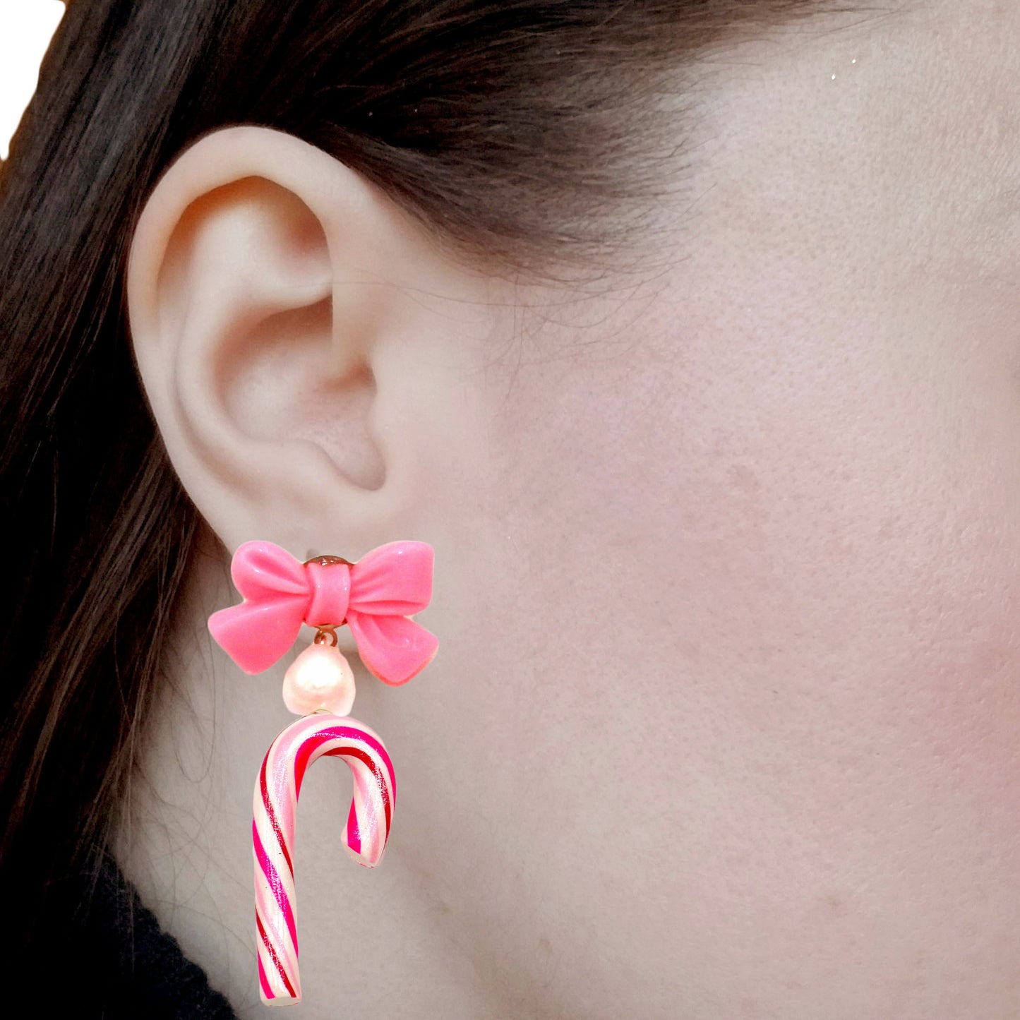 Pink Candy Cane and Bow Statement Earrings, Handmade from polymer clay  in the USA by Fatally Feminine