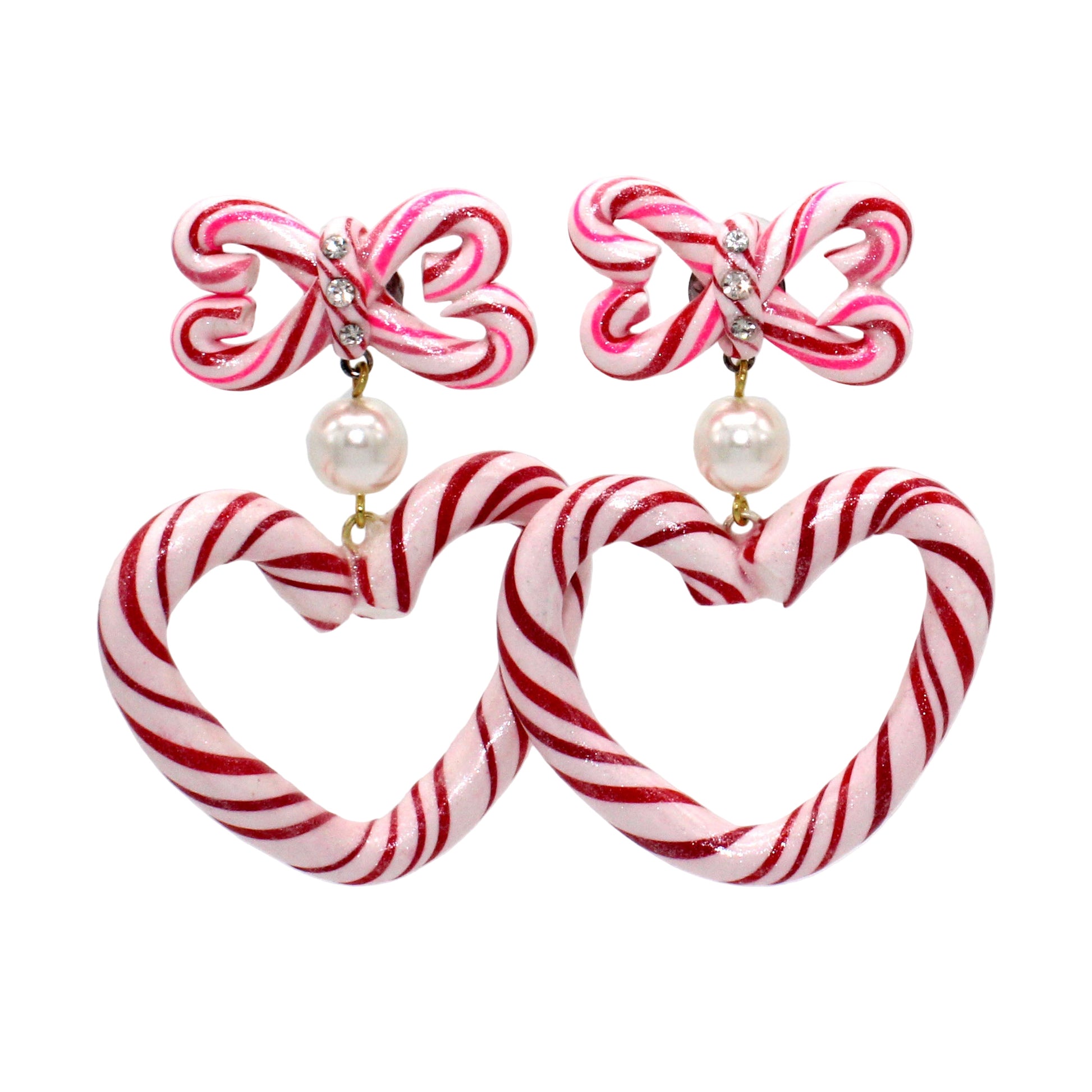 Candy Cane Heart and Bow Statement Earrings, Kawaii Style, Pink and Red, Handmade in the USA by Fatally Feminine