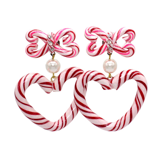 Candy Cane Heart and Bow Statement Earrings, Kawaii Style, Pink and Red, Handmade in the USA by Fatally Feminine