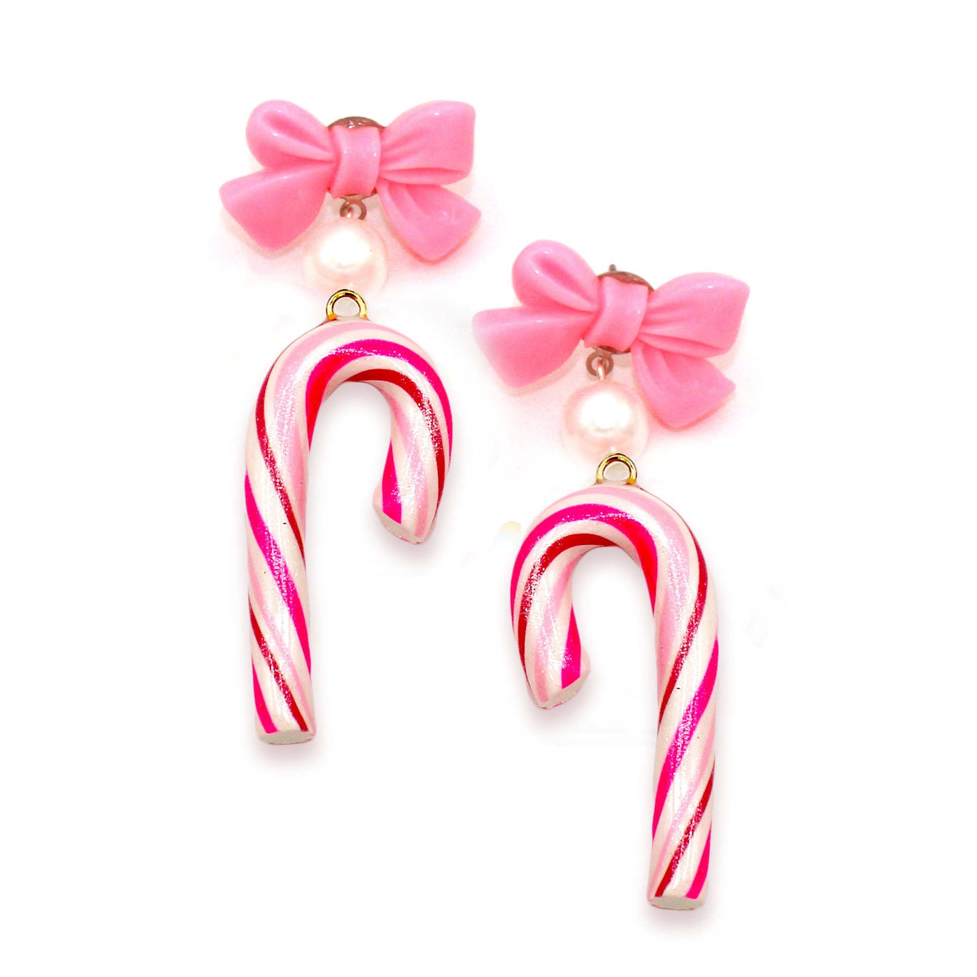Pink Candy Cane and Bow Statement Earrings, Handmade from polymer clay  in the USA by Fatally Feminine