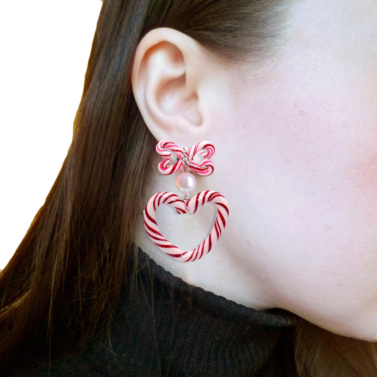 Candy Cane Heart and Bow Statement Earrings, Kawaii Style, Pink and Red, Handmade in the USA by Fatally Feminine