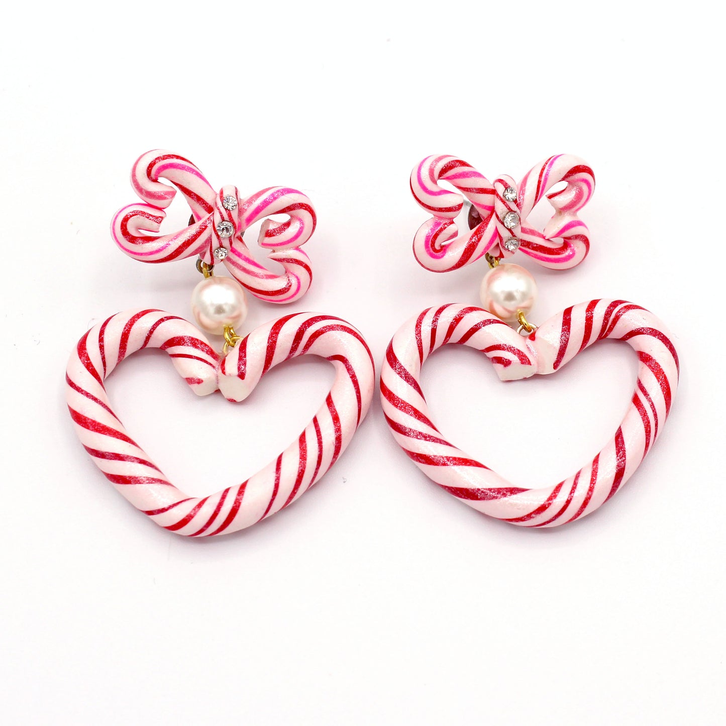 Candy Cane Heart and Bow Statement Earrings, Kawaii Style, Pink and Red, Handmade in the USA by Fatally Feminine