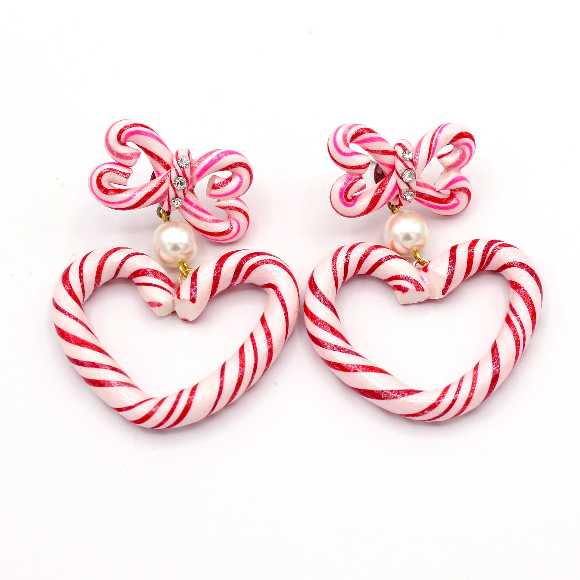 Candy Cane Heart and Bow Statement Earrings, Kawaii Style, Pink and Red, Handmade in the USA by Fatally Feminine
