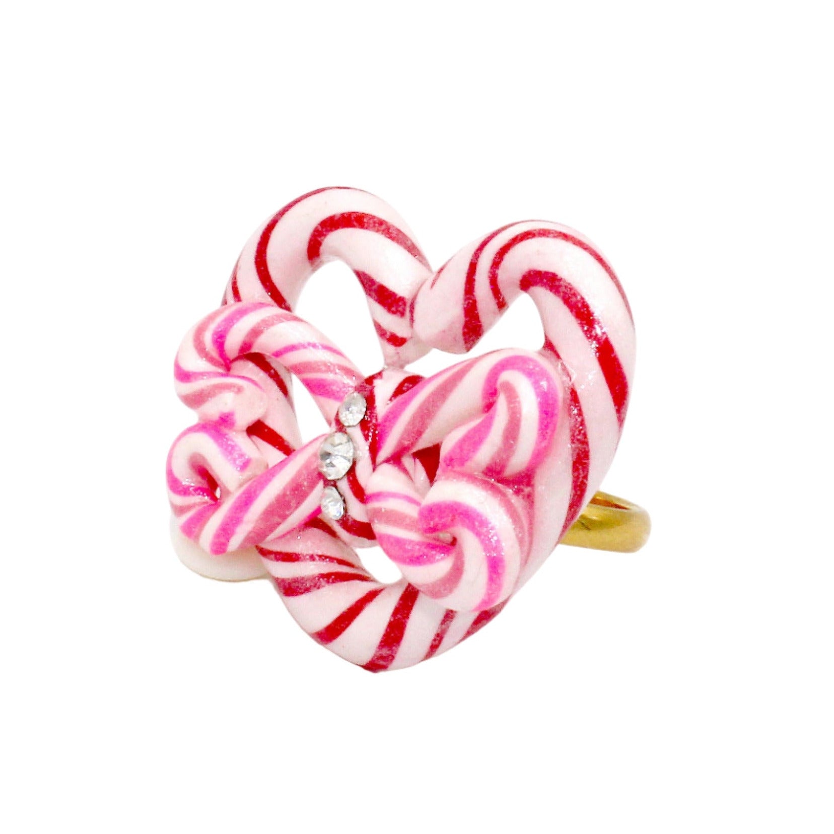 Candy Cane Heart and Bow Statement Ring, Adjustable, Kawaii Jewelry, Handmade in the USA by Fatally Feminine