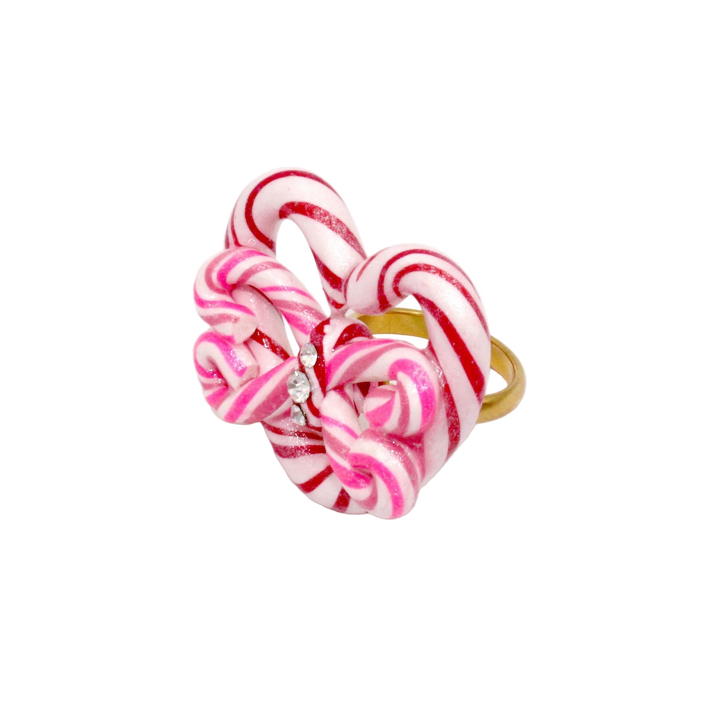 Candy Cane Heart and Bow Statement Ring, Adjustable, Kawaii Jewelry, Handmade in the USA by Fatally Feminine