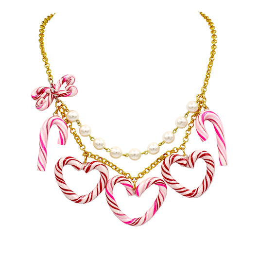 Whimsical Candy Cane Heart Statement Charm Necklace, Kawaii Jewelry, Handmade in the USA by Fatally Feminine