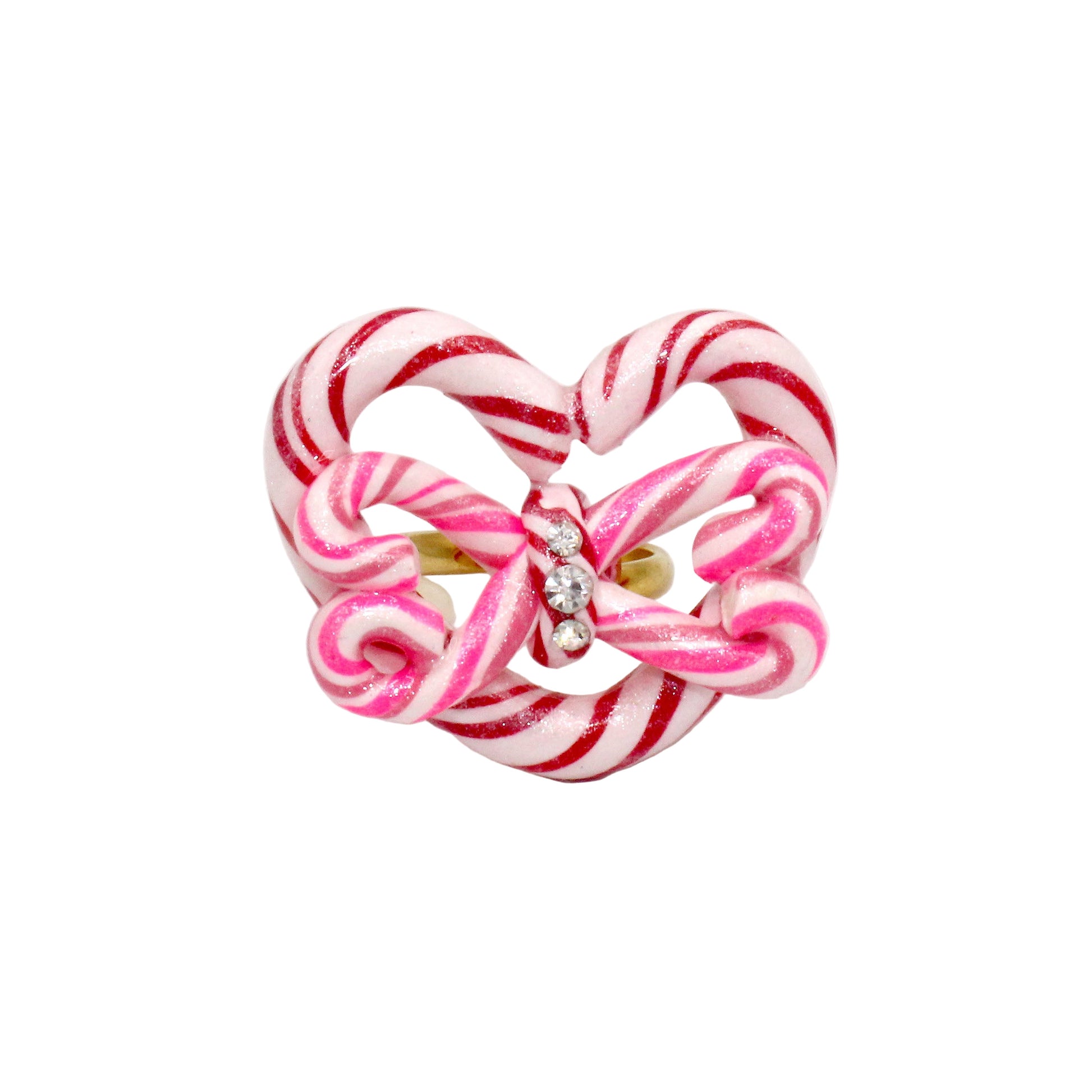 Candy Cane Heart and Bow Statement Ring, Adjustable, Kawaii Jewelry, Handmade in the USA by Fatally Feminine