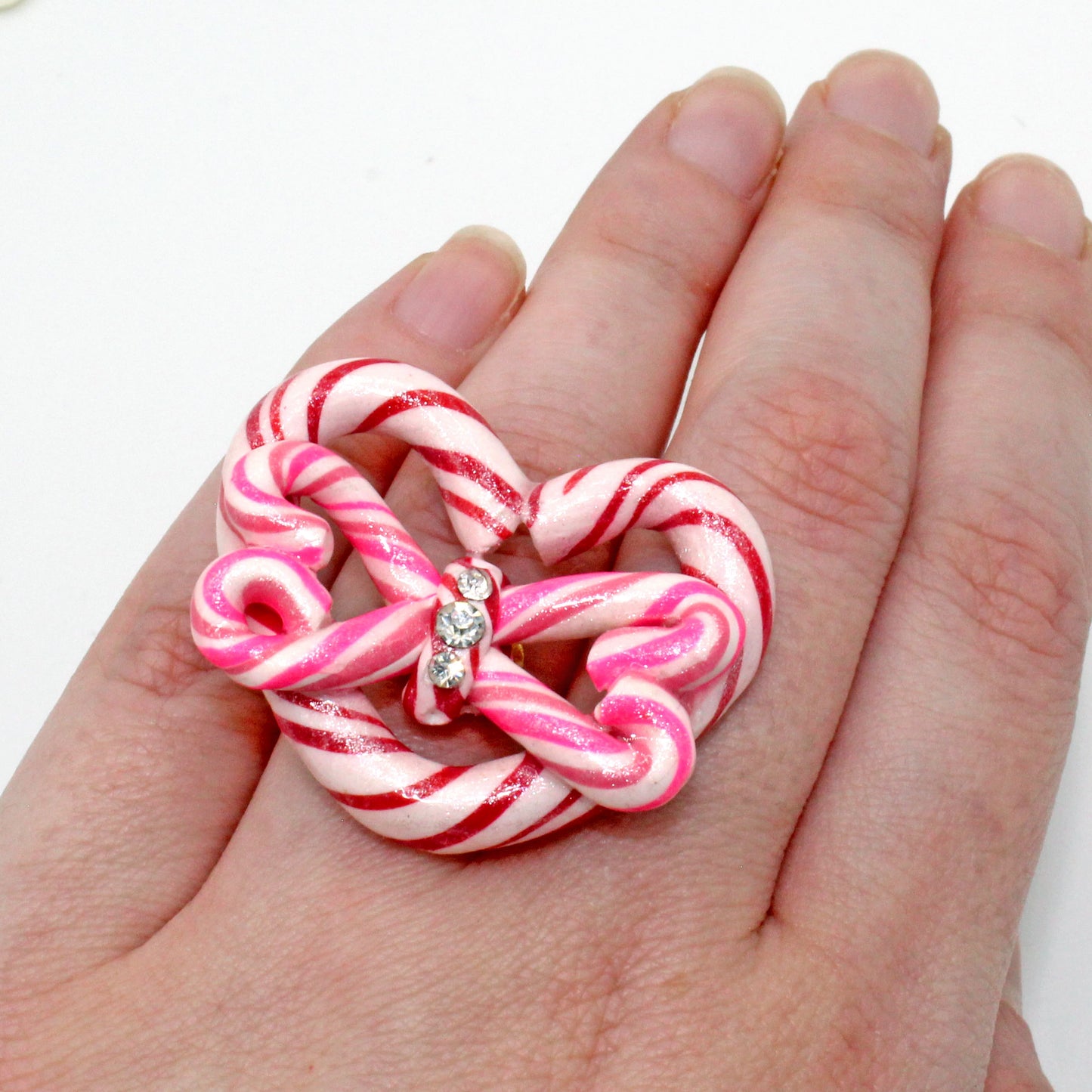 Candy Cane Heart and Bow Statement Ring, Adjustable, Kawaii Jewelry, Handmade in the USA by Fatally Feminine