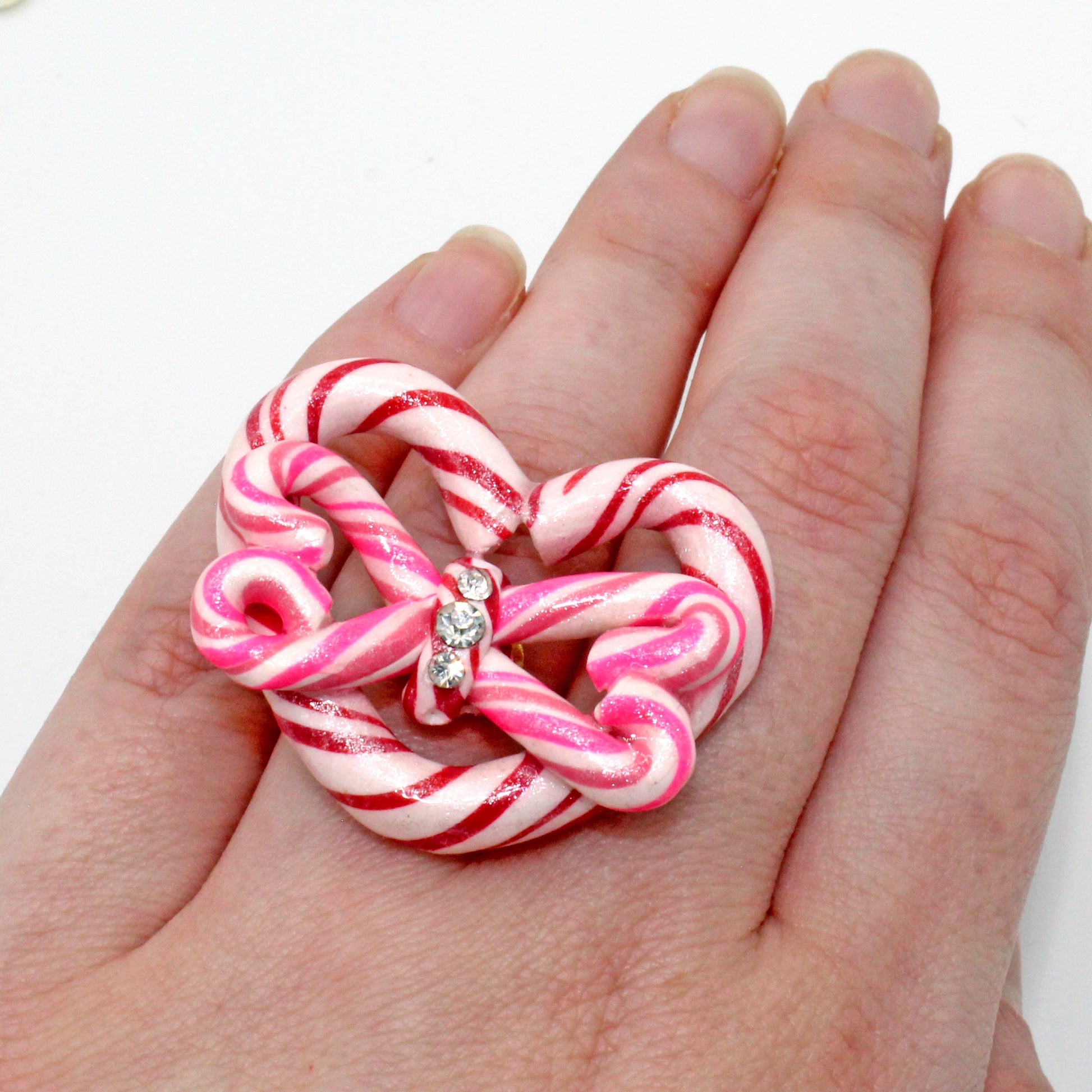 Candy Cane Heart and Bow Statement Ring, Adjustable, Kawaii Jewelry, Handmade in the USA by Fatally Feminine