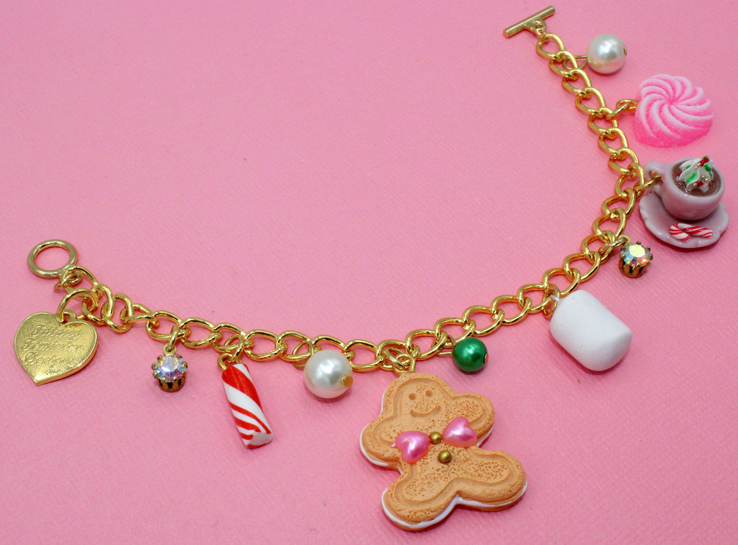 Pink Christmas Chunky Charm Bracelet - Limited Edition Holiday Collection - Gold