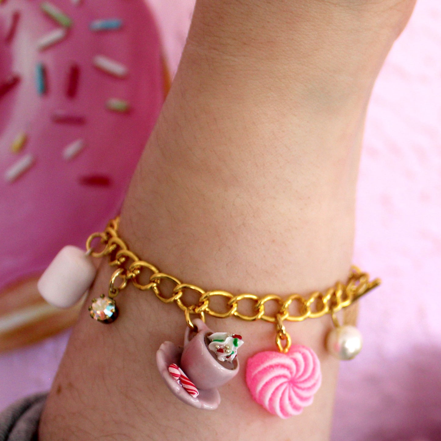 Kawaii Pink Christmas Chunky Charm Bracelet Candy Retro Cute Charm Jewelry Gift for Woman