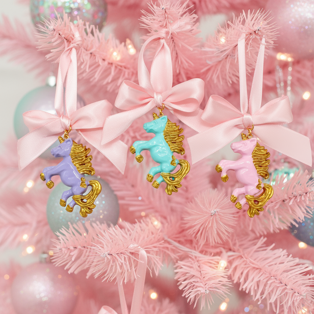 Pastel Unicorn Christmas Ornament, Kawaii Girly Pink Bow Ornament, Handmade in the USA by Fatally Feminine