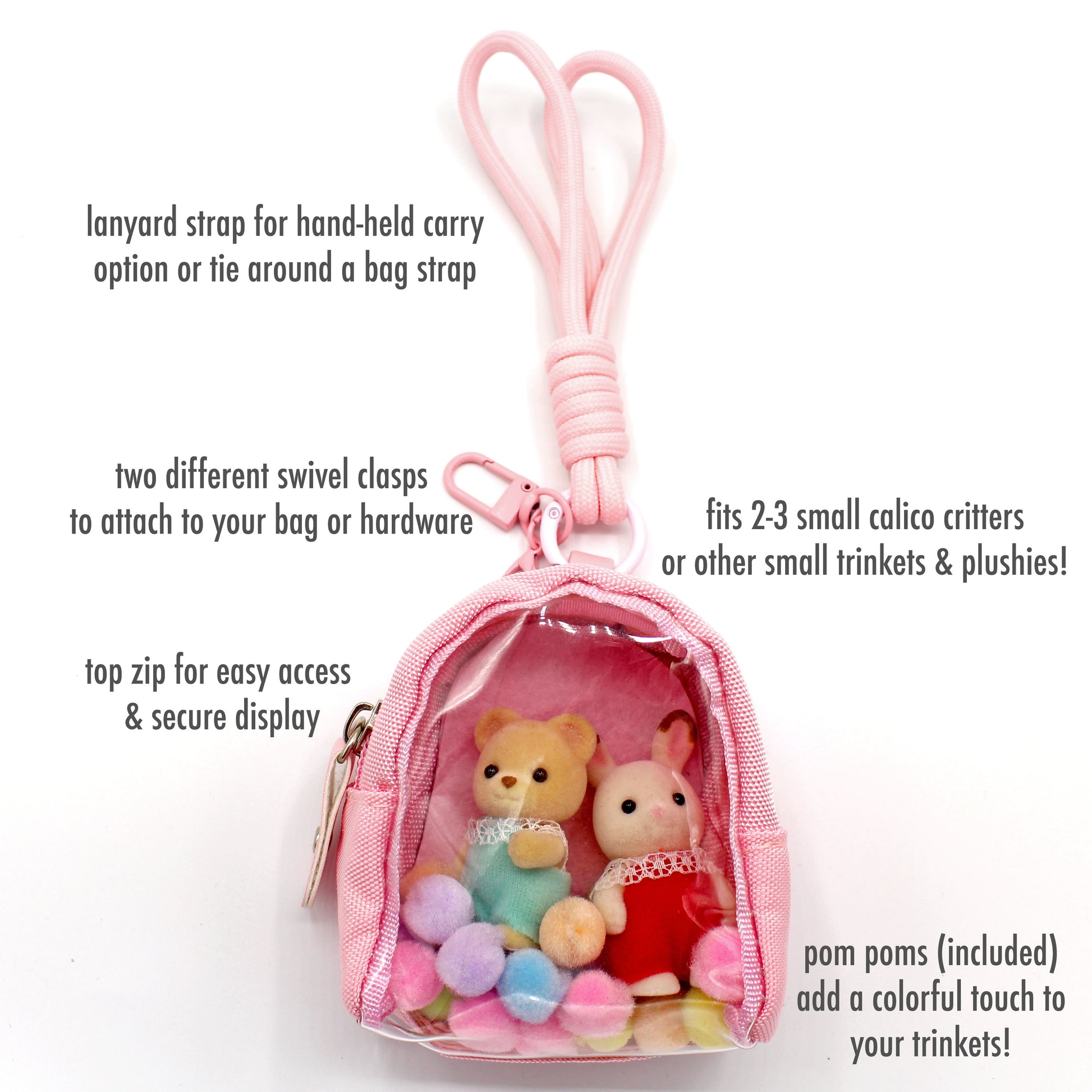 Clear Figure Display Bag with Keychain, Kawaii Pink Purse Accessory, Handmade in the USA by Fatally Feminine