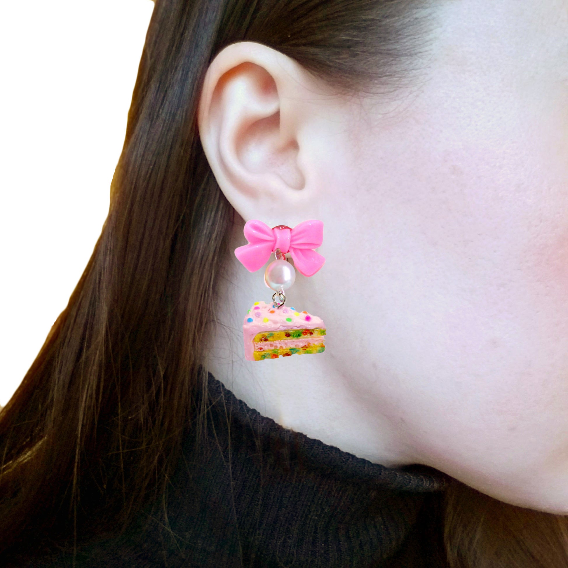 Pink Confetti Cake Bow & Pearl Earrings, Funfetti Birthday Cake Slice Charm Earrings