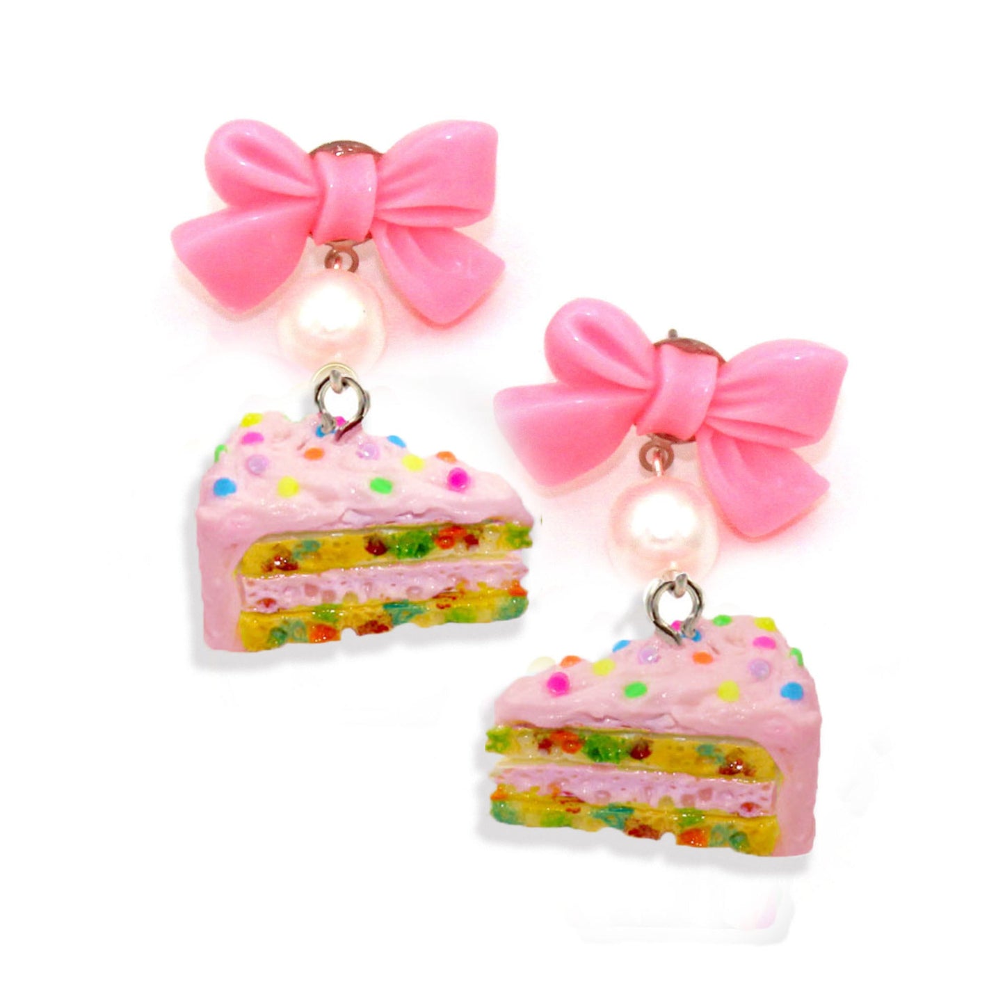 Pink Confetti Cake Bow & Pearl Earrings, Funfetti Birthday Cake Slice Charm Earrings