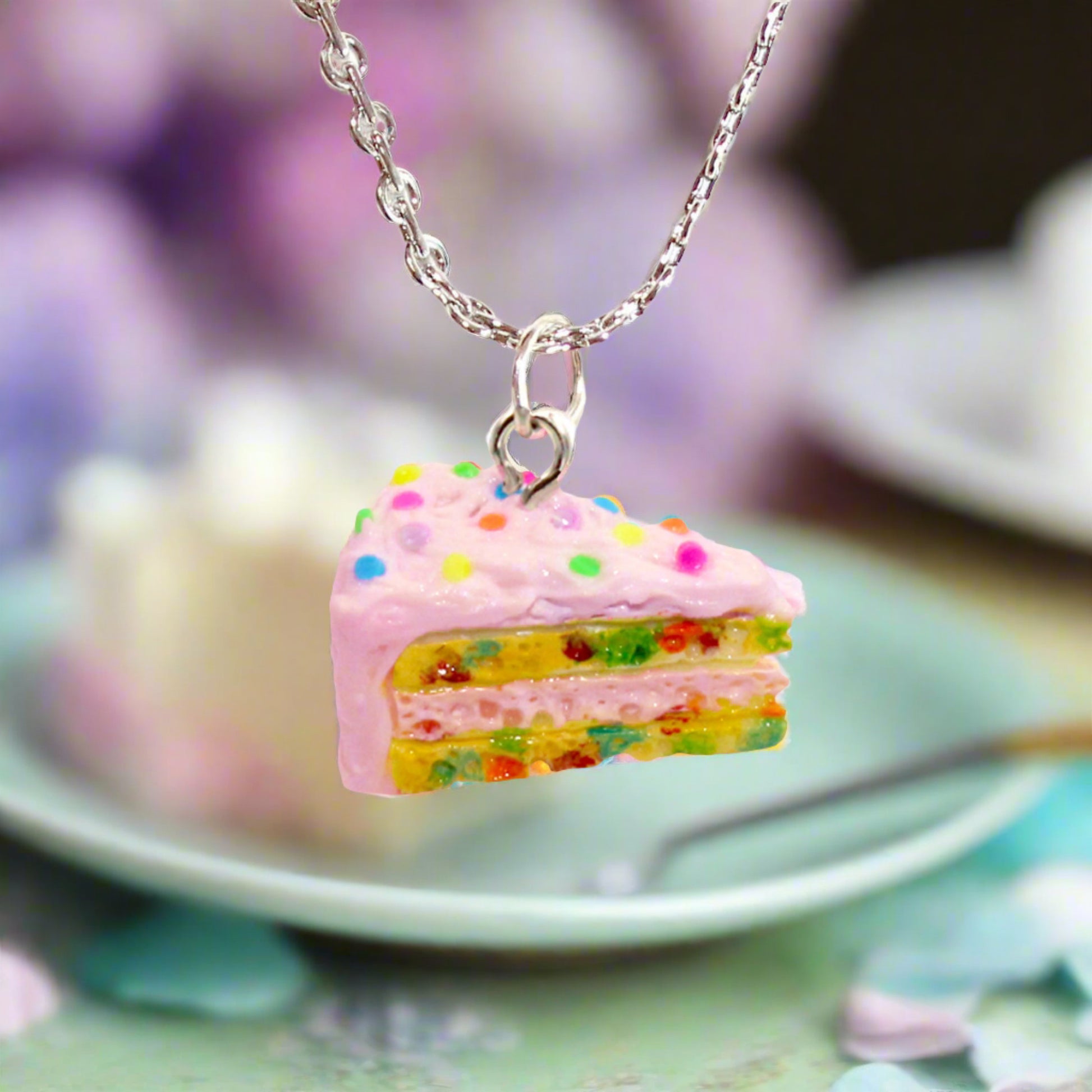 Pink Confetti Cake Earring & Necklace Set, Funfetti Birthday Cake Charm Jewelry