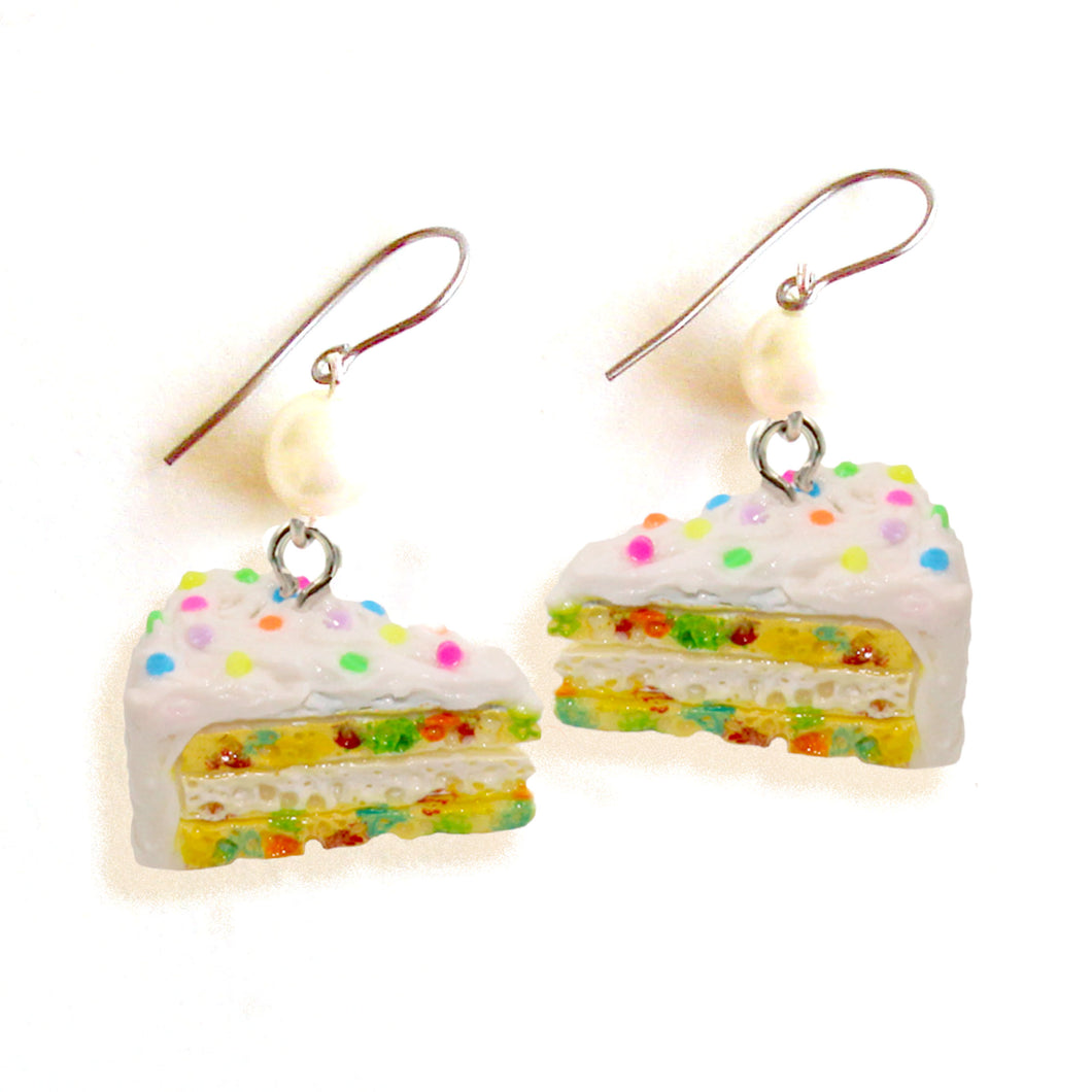 Confetti Cake Pearl Earrings, Funfetti Birthday Cake Slice Charm Earrings
