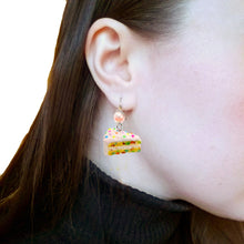 Load image into Gallery viewer, Confetti Cake Pearl Earrings, Funfetti Birthday Cake Slice Charm Earrings
