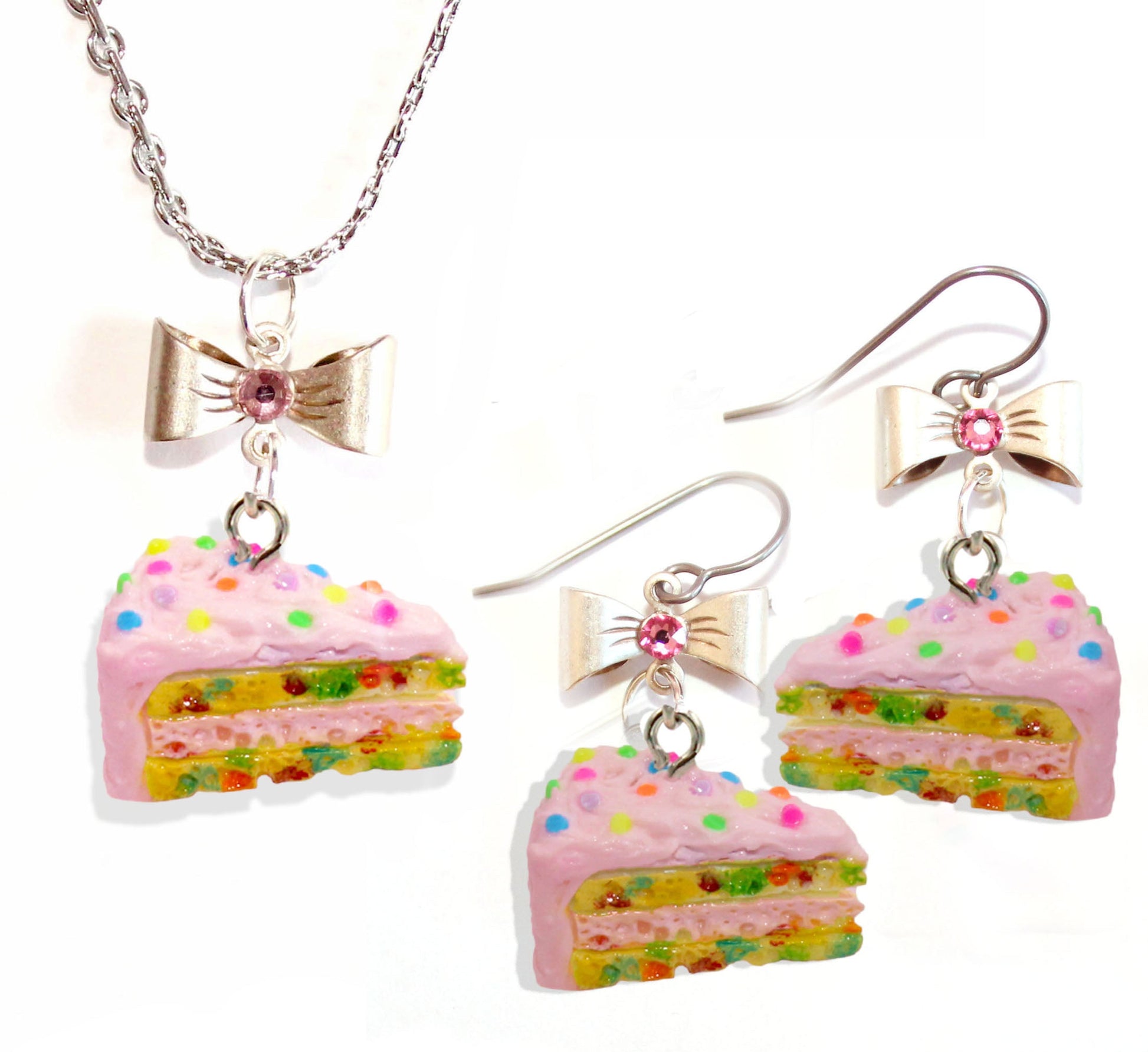 Pink Confetti Cake Earring & Necklace Set, Funfetti Birthday Cake Charm Jewelry