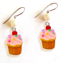 Load image into Gallery viewer, Pink Cupcake Pearl Earrings, Rainbow Sprinkle Birthday Cake Charm Earrings
