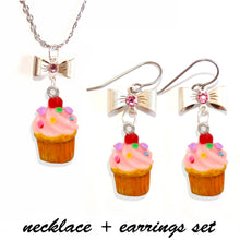 Load image into Gallery viewer, Pink Cupcake Necklace &amp; Earrings Set, Rainbow Sprinkle Birthday Cake Charm Jewelry
