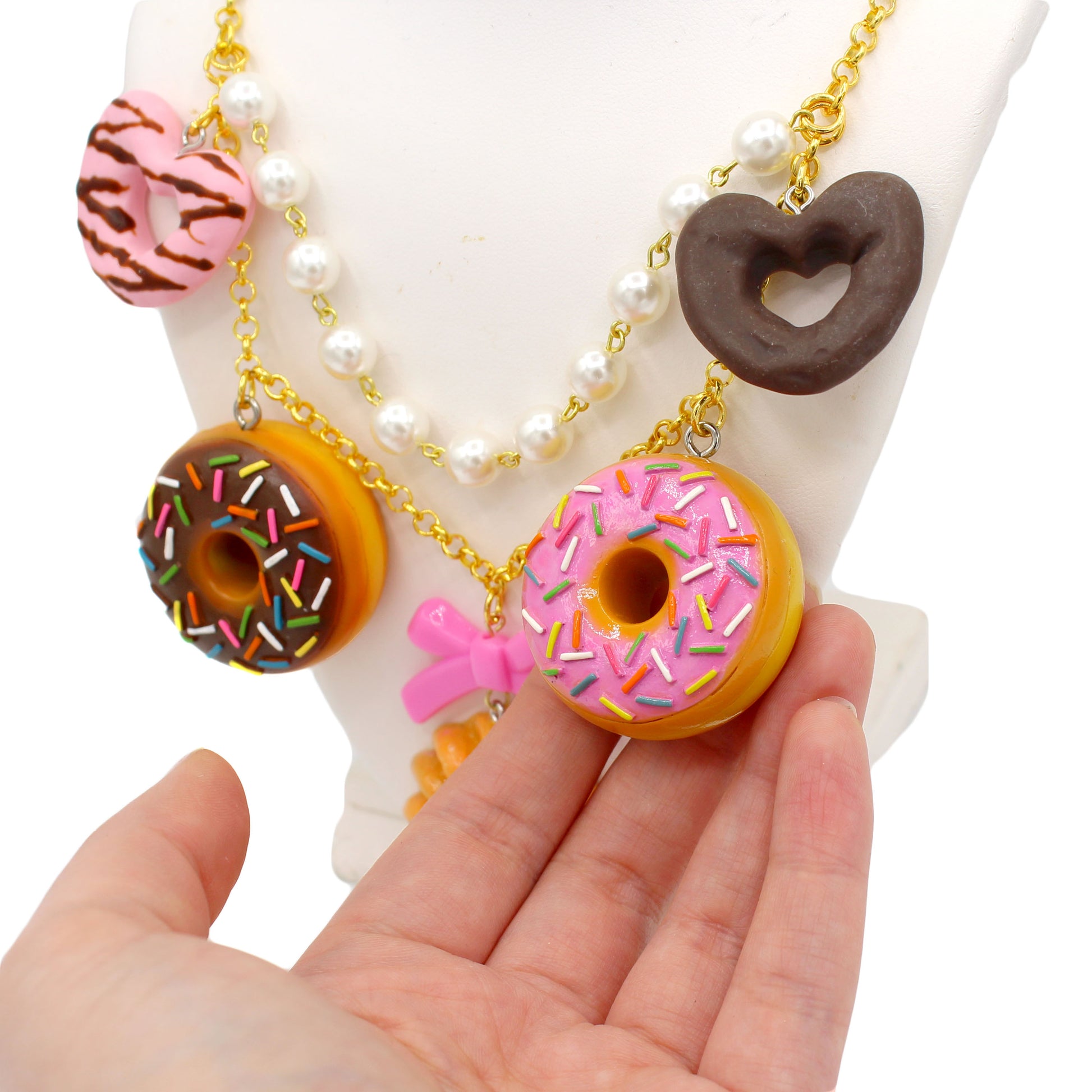 Kawaii Donut Statement Charm Necklace, Handmade by Fatally Feminine, Adjustable Length in Gold or Silver Finish