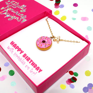 Personalized Donut Initial Cute Charm Jewelry for Women Happy Birthday Necklace Rainbow Pastel Kawaii Birthday Gift for Friend Handmade Gold Pendant