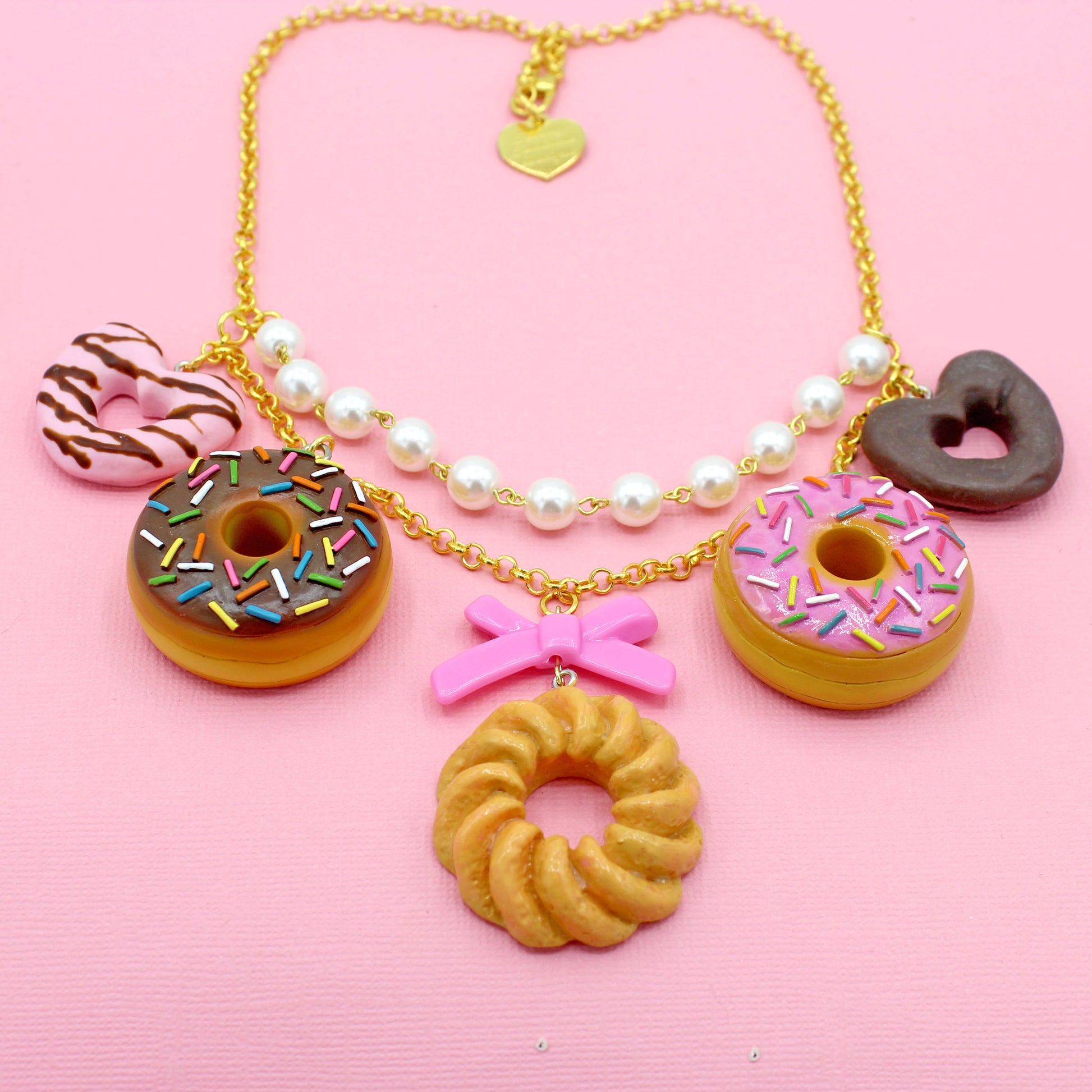 Kawaii Donut Statement Charm Necklace, Handmade by Fatally Feminine, Adjustable Length in Gold or Silver Finish
