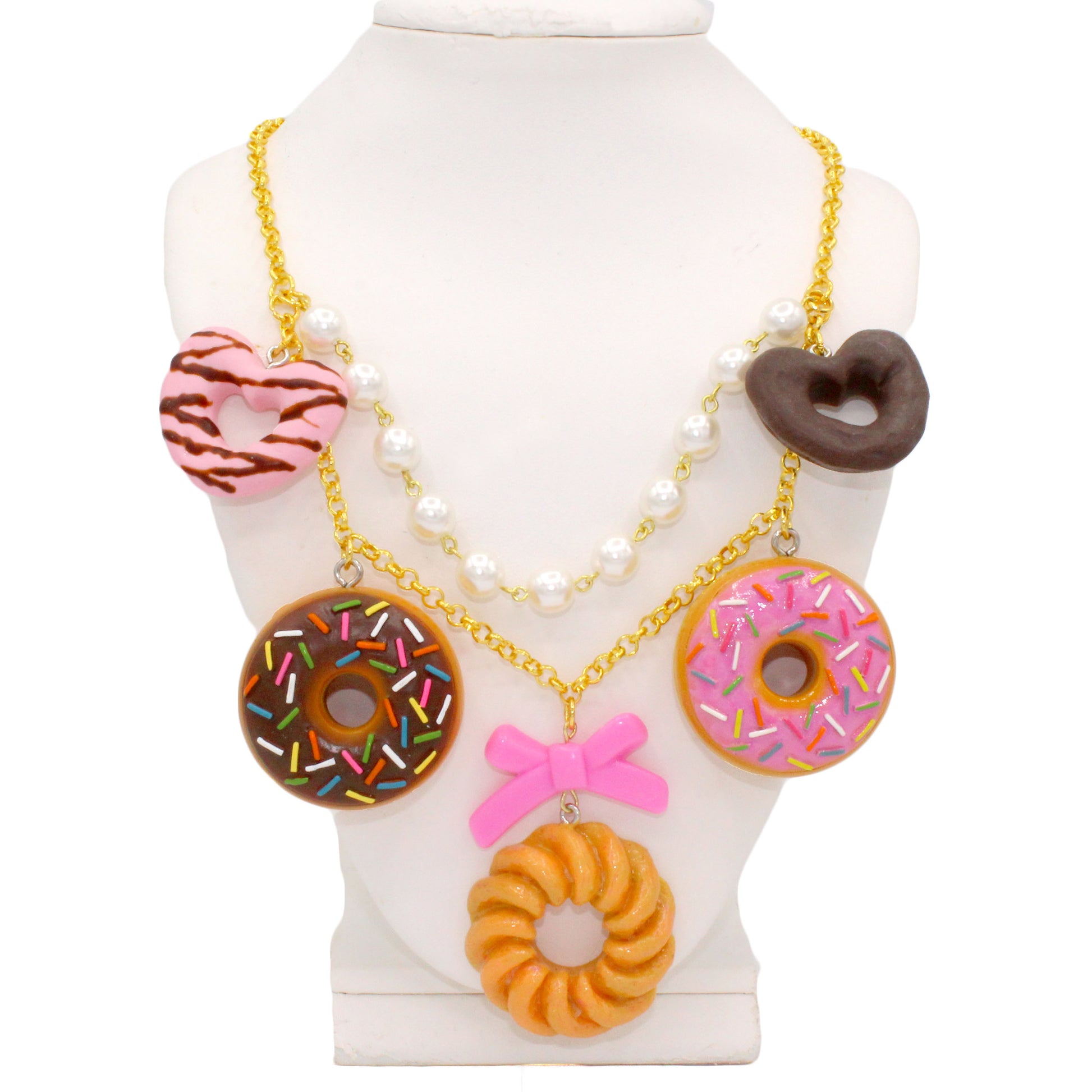 Kawaii Donut Statement Charm Necklace, Handmade by Fatally Feminine, Adjustable Length in Gold or Silver Finish
