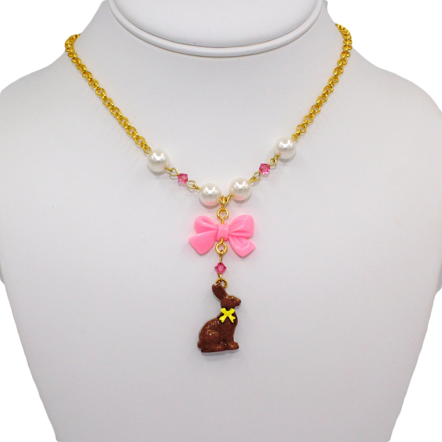 Chocolate Bunny Easter Charm Necklace, Pink Bow, Kawaii J-fashion Jewelry Handmade by Fatally Feminine