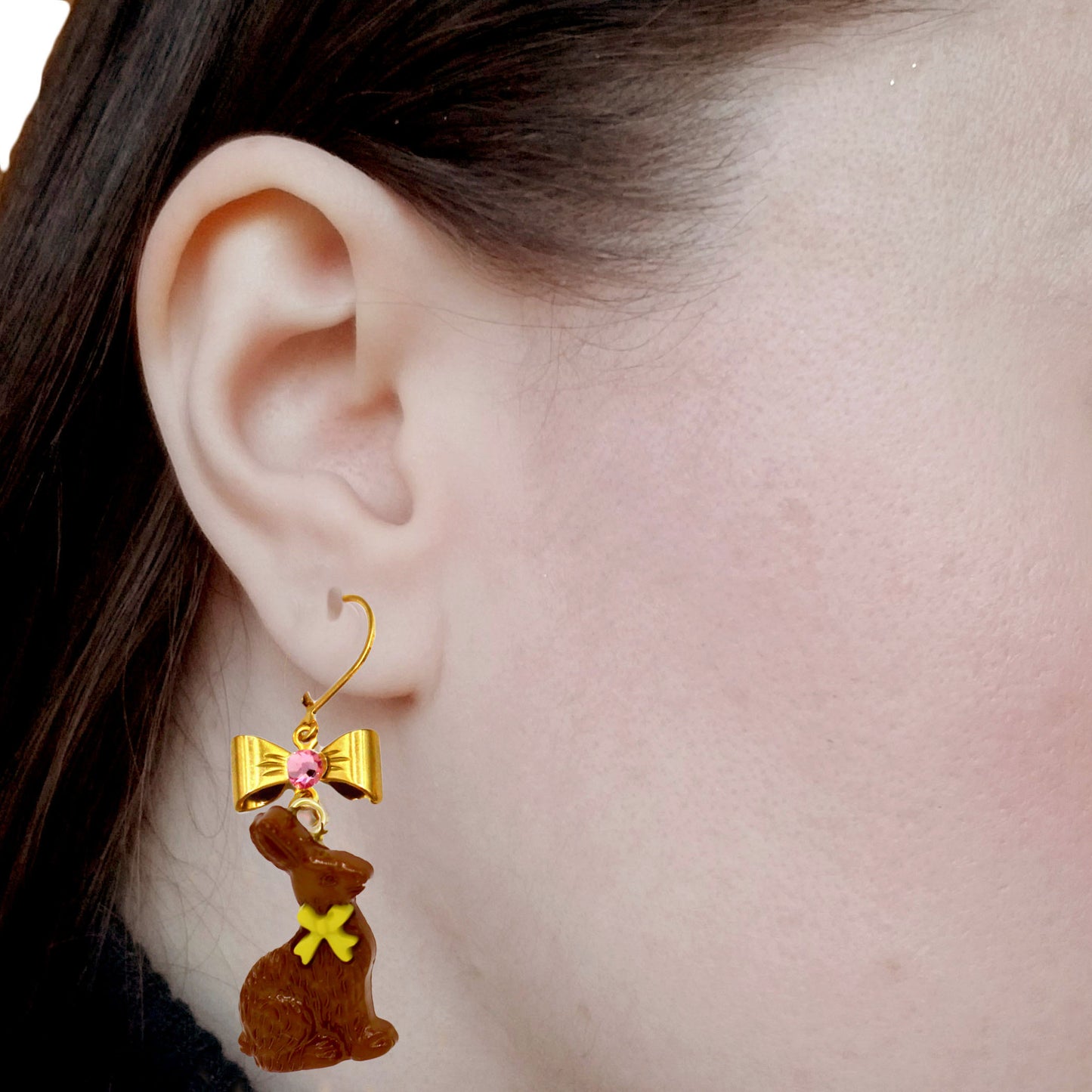 Chocolate Bunny Easter Dangle Earrings, Bow Charm, Handmade in Resin by Fatally Feminine