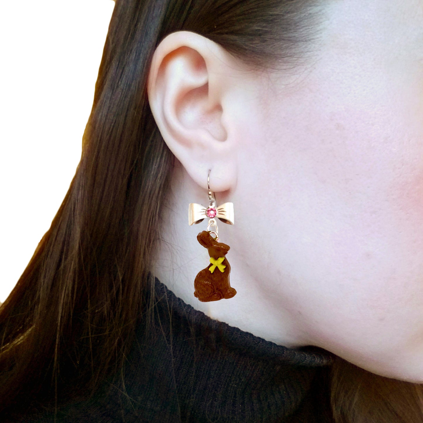 Chocolate Bunny Easter Dangle Earrings, Bow Charm, Handmade in Resin by Fatally Feminine