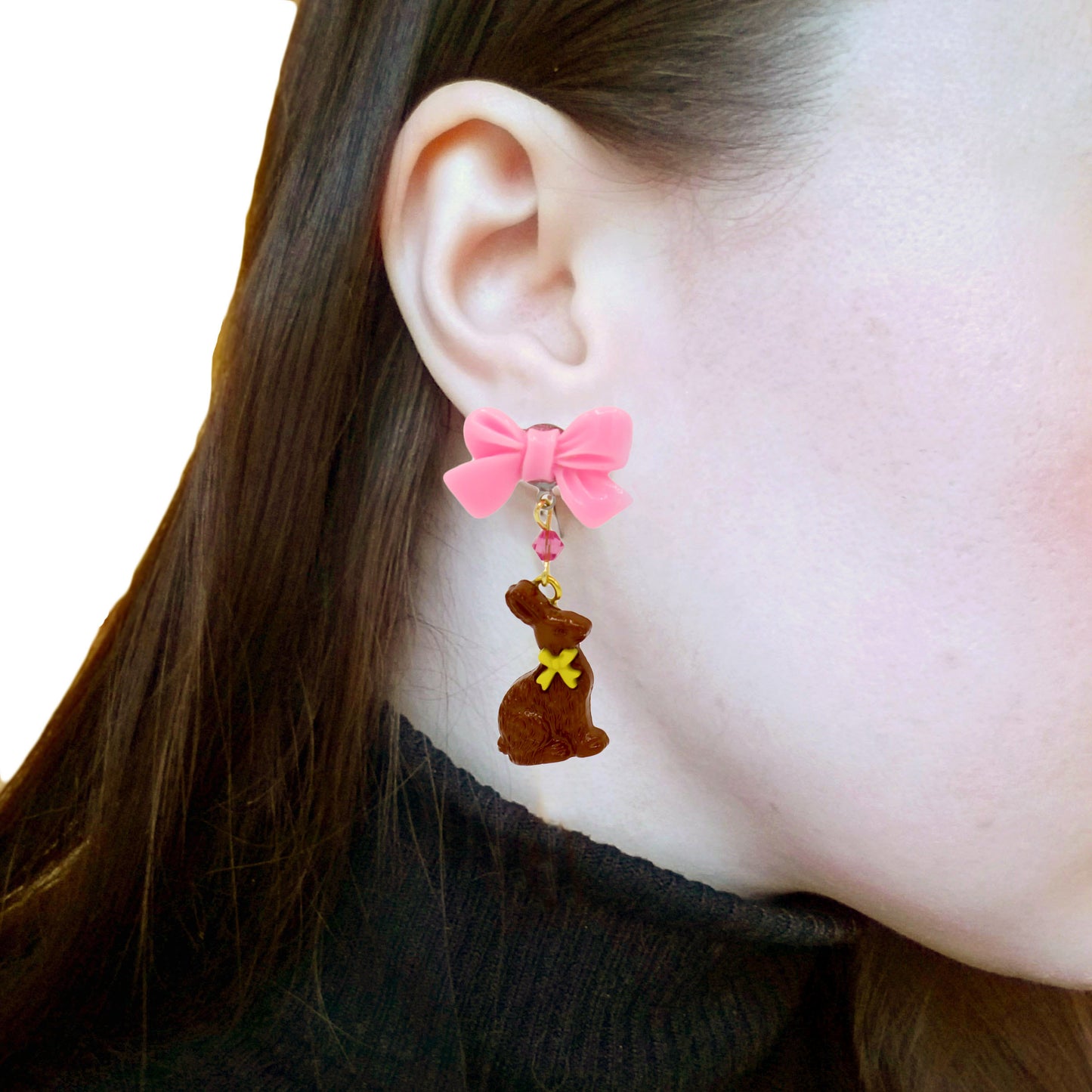 Chocolate Bunny Easter Drop Earrings, Pink Bow, Handmade in Resin & Stainless Steel Fatally Feminine